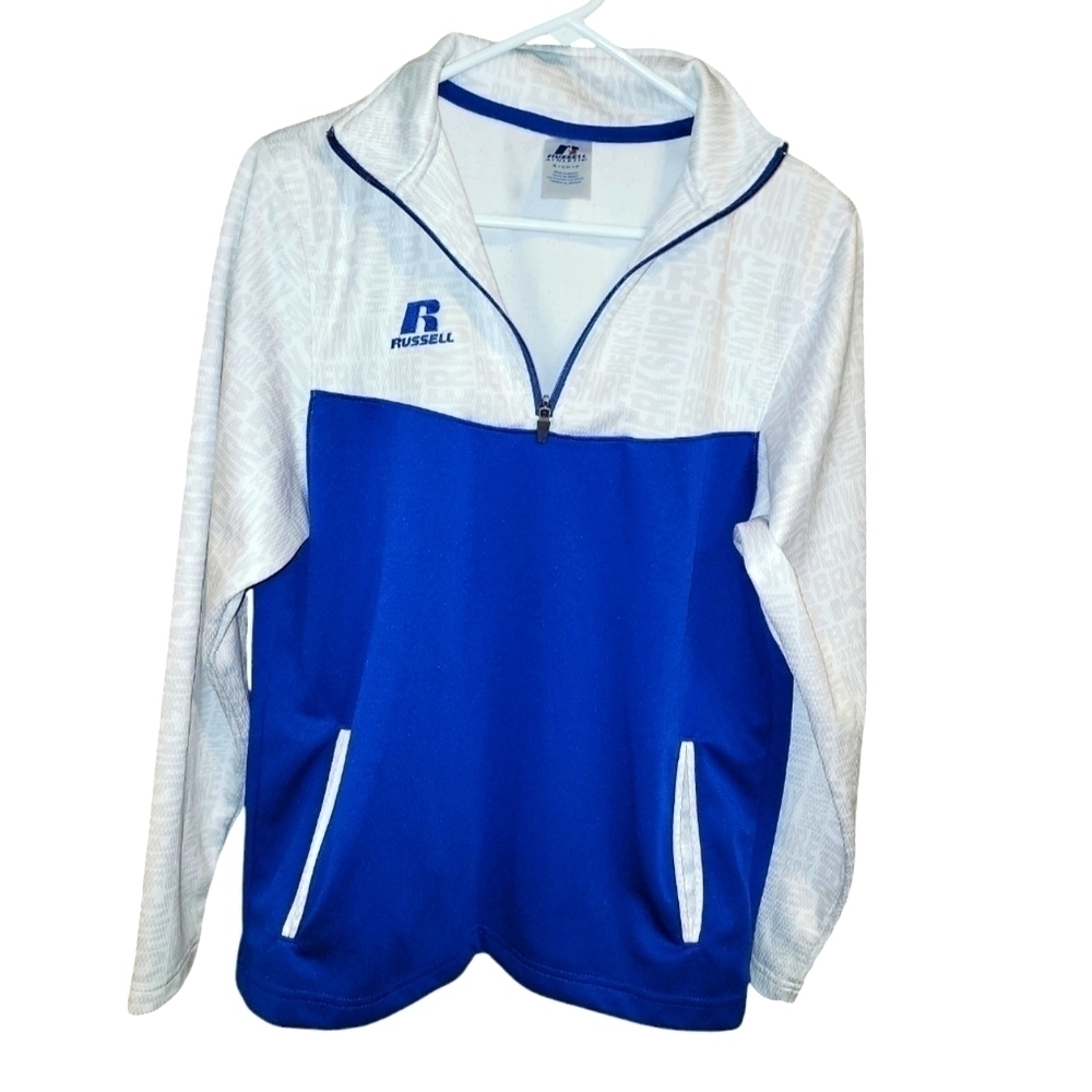 Russell size small pullover jacket white and blue 1/4 zip